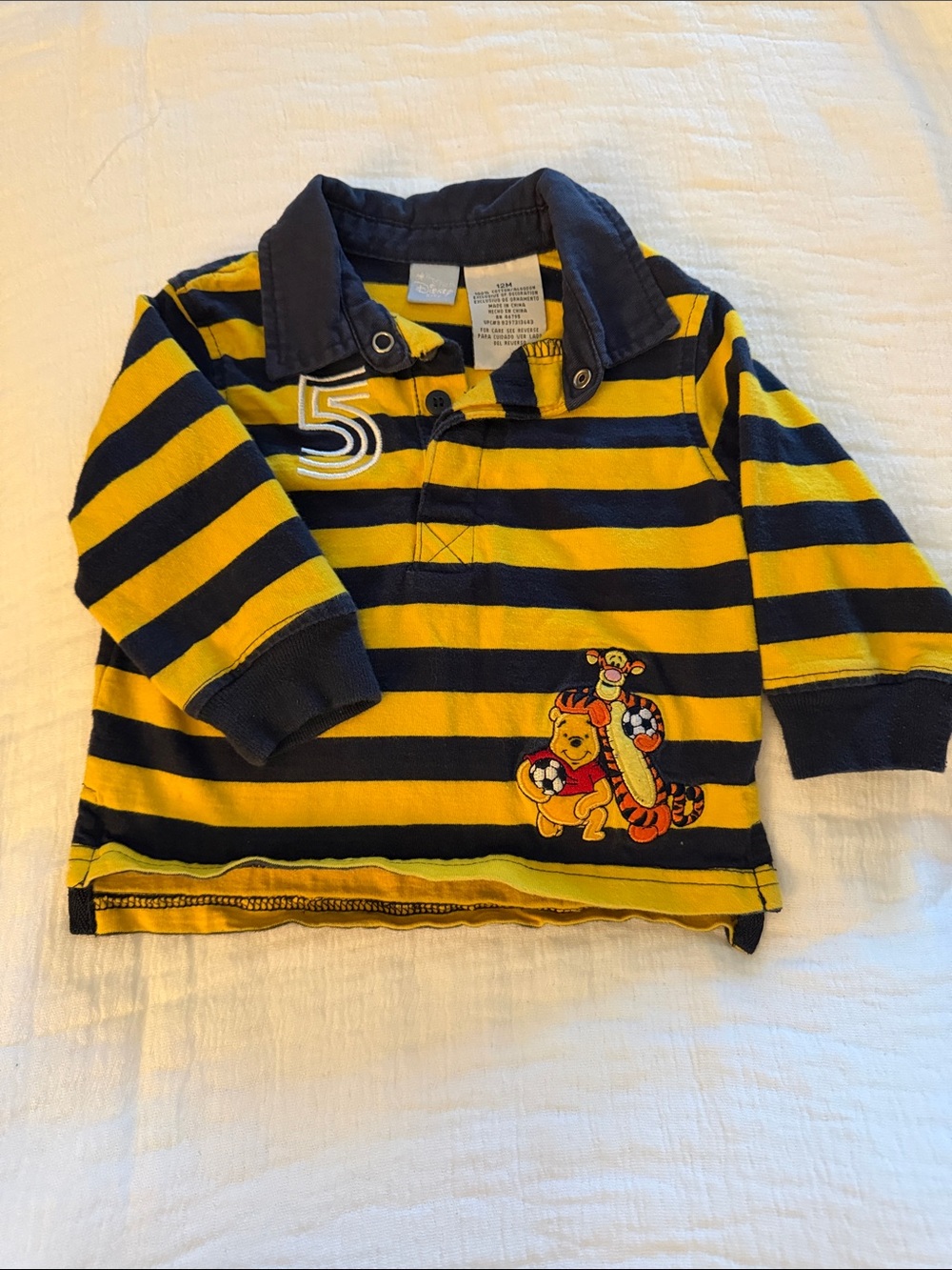 Vintage Disney Yellow & Navy Striped Long-Sleeve Polo Winnie the Pooh Patch 12Mo